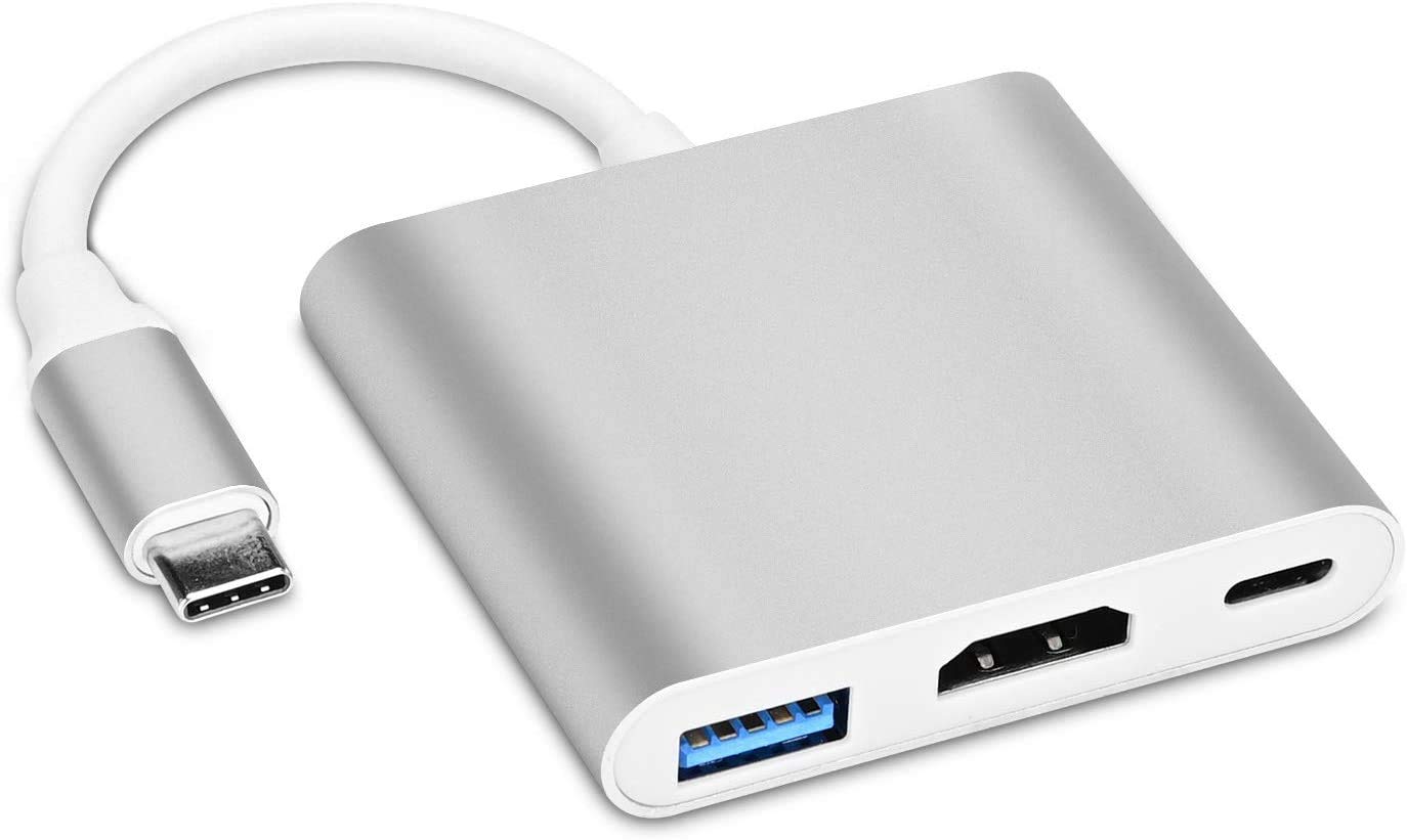 USB-C hub showing HDMI port, USB 3.0 port and USB-C PD port