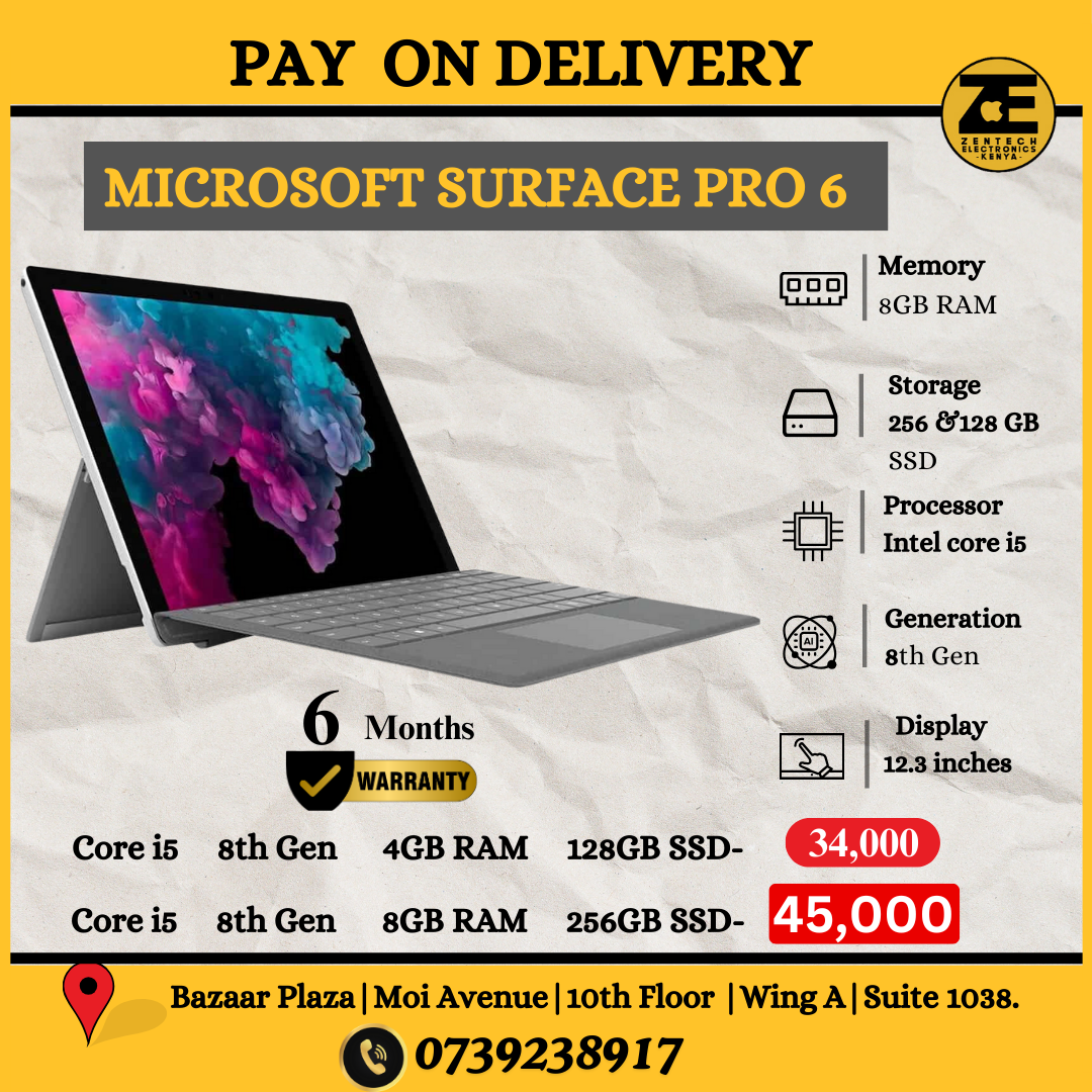 Microsoft Surface Pro 6 | Intel Core i5 -8th Gen | 8GB RAM + 256GB SSD |12.3"-Price in Kenya.