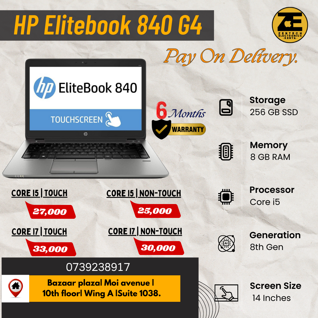 HP Elitebook 840 G4 |8GB RAM + 256 GB SSD | Intel Core i5 & i7 | 7th Gen | 14" Display/ Touch & Non Touch-Price in Kenya.