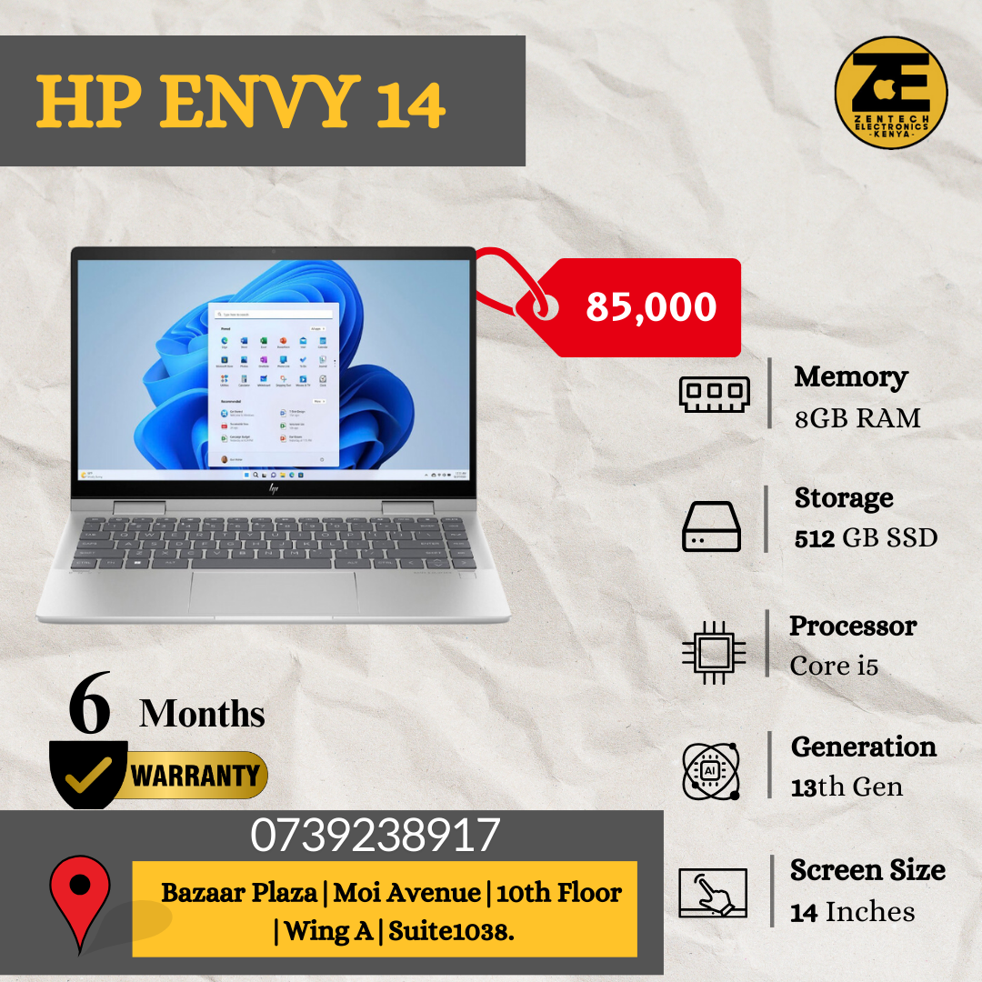 New HP Envy 14 | Intel Core i5 |13th Gen | 8GB RAM + 512GB SSD | X360 | 2-in-1 Laptop |14" FHD IPS Touch Screen | Backlit Keyboard -Price in Kenya.