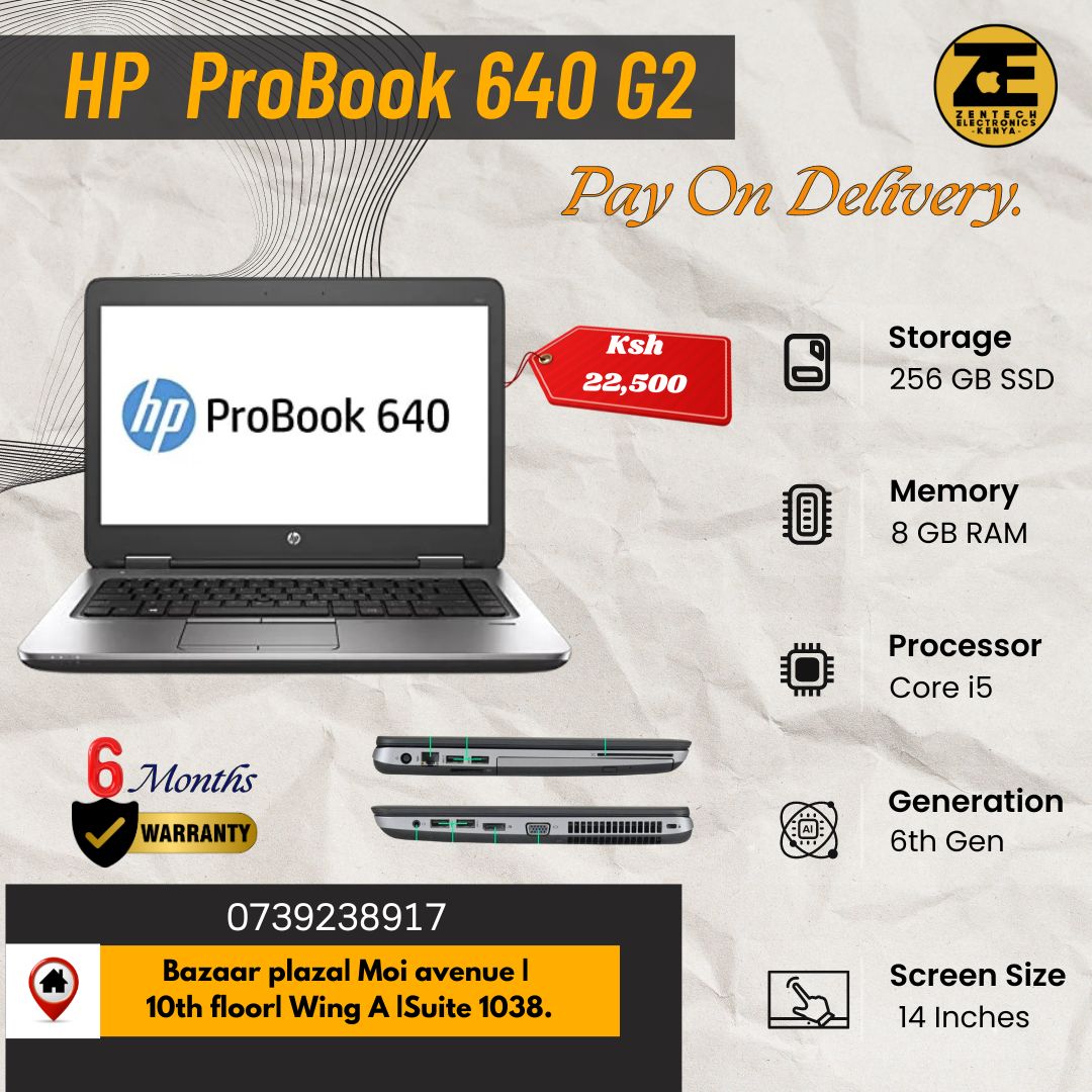 Refurbished HP ProBook 640 G2 | Intel Core i5 | 6th Gen | 8GB RAM +256GB SSD | 14” Display -Price in Kenya.