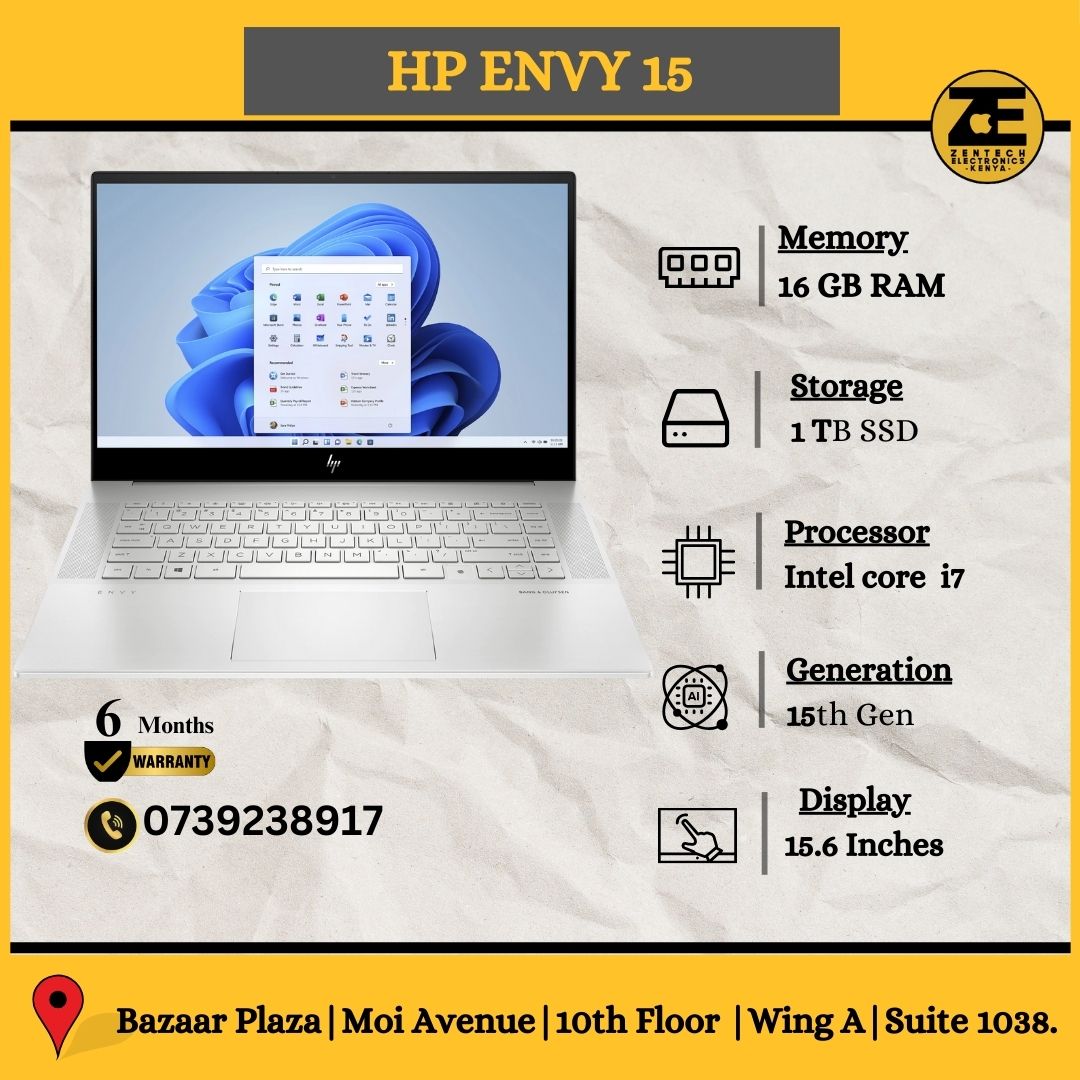 HP Envy 15 | Intel Core i7 -13th Gen |16GB RAM + 1TB SSD | (P/n - 7H9Y3UA)-Price in Kenya.