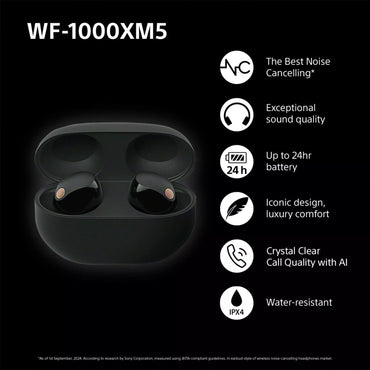 Sony WF-1000XM5 charging case with earbuds inside and specifications