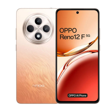 OPPO Reno12 F 5G smartphone showing the front screen display and rear camera setup in a gold color.