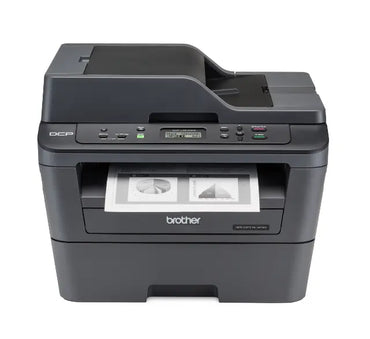 A Brother DCP-L2540DW Mono Laser Printer, black in color, with paper visible in the tray.