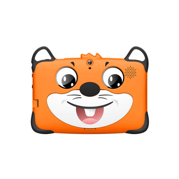 Wintouch K717 Kids Tablet with a cartoonish orange character face on the front cover, featuring ears, eyes, and a smiling mouth.