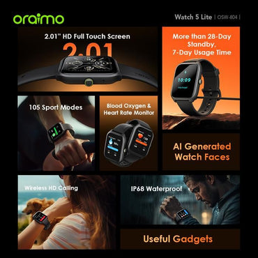 Oraimo Watch 5 Lite Smartwatch Smartwatch (OSW-804) Screen 2.01'' Android Smartwatch Health Tracker