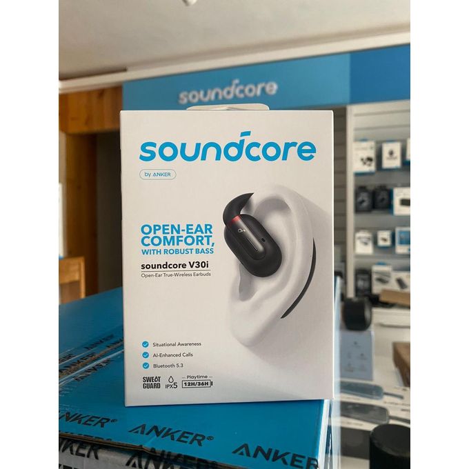 Anker Soundcore V30i open-ear hook design showing flexible TPU earhooks and acoustic vents