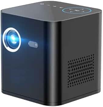 Compact black cube projector with glowing blue lens, side ventilation grille, and top touch buttons