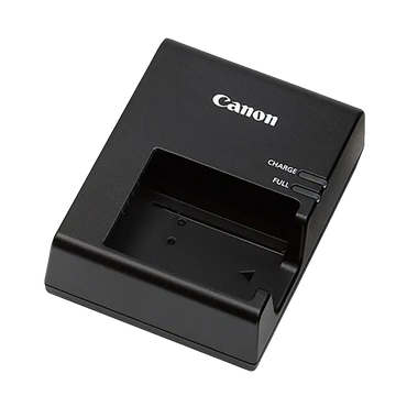 A black Canon LC-E10 battery charger designed for LP-E10 lithium-ion batteries, featuring a slot for the battery and LED indicators for charging status.