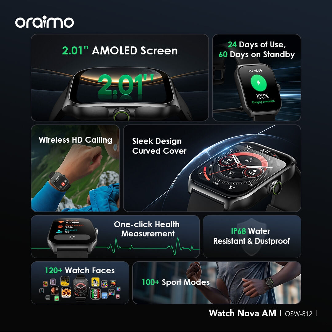 Oraimo Watch Nova AM 2.01" AMOLED Screen Curved Cover Smart Watch-Price in Kenya.