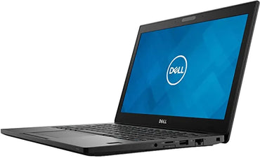 Dell Latitude 7290 laptop with a black keyboard and a blue Dell logo on the screen, indicating it's turned on.