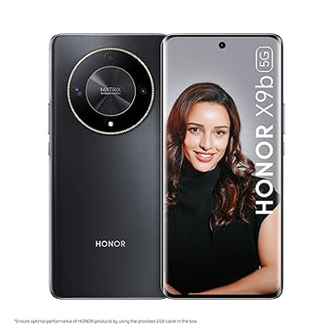 A HONOR X9b 5G smartphone in black color, showing the front screen display with a woman's image and the back side with the camera setup.
