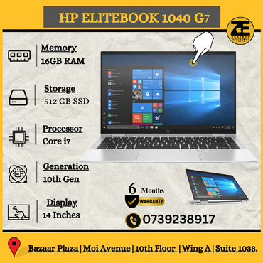 HP EliteBook 1040 G7 laptop with a 14-inch Full HD touchscreen, shown open on a table with the HP logo visible on the screen, and a Windows logo on the keyboard. The laptop appears to be silver in color.
