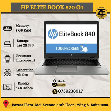 HP EliteBook 820 G4 laptop with 7th Gen Intel Core processor, 8GB RAM, and 256GB SSD. It features a 12.