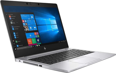 HP EliteBook 830 G6 laptop with 8 GB RAM and 256 GB SSD featuring a 13.3 inch display, shown open with Windows visible on the screen and the HP logo on the keyboard.