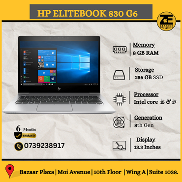 HP EliteBook 830 G6 laptop with 8 GB RAM and 256 GB SSD displayed on a table with key features highlighted.