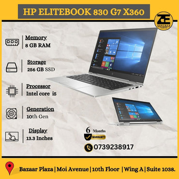 HP EliteBook 830 G7 X360 laptop displayed open on a surface showing the screen and keyboard, with the ZE Electronics advertisement banner.