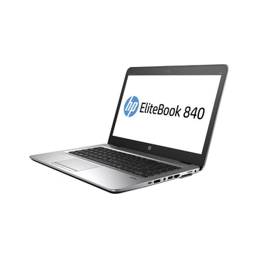 HP EliteBook 840 laptop with a 14-inch display, visible ports, and a keyboard.