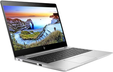 HP EliteBook 840 G5 laptop with a 14-inch display, shown open with a scenic wallpaper on the screen, on a silver color scheme.