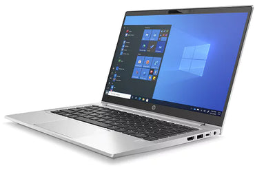 HP EliteBook 840 G7 laptop with 14 inch Full HD Display, shown with the lid open and Windows interface on the screen, silver color.