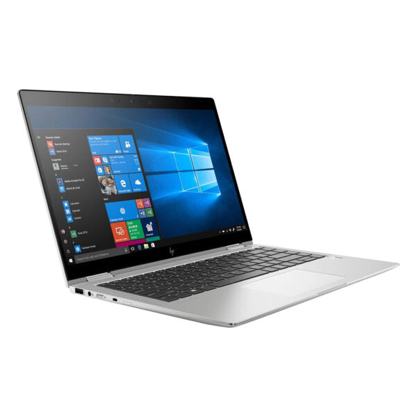 HP EliteBook x360 1040 G6 laptop with a silver aluminum chassis, featuring a 14-inch Full HD touchscreen, visible Intel Core i7 processor, and HP branding.