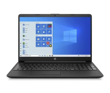 HP 15s laptop with a black keyboard and a Windows operating system screen displaying multiple open applications.