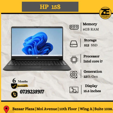HP Envy 15s laptop displayed with its specifications: 8GB RAM, 512GB SSD, 15.6-inch display, and Intel Core i7 processor.