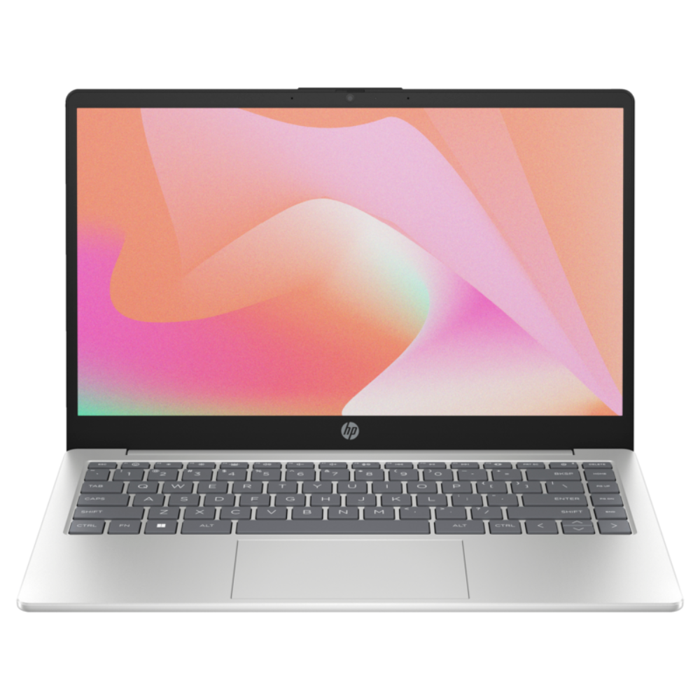 HP 14-inch laptop with a silver keyboard and a colorful screen display, indicating a touchscreen feature.