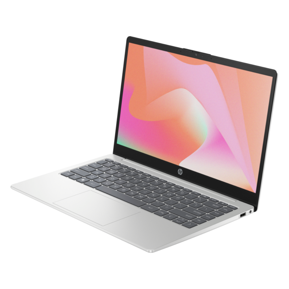 HP 14-inch laptop with touchscreen, silver color, displaying colorful wallpaper on the screen.