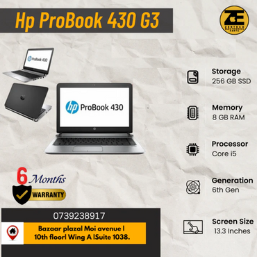 Advertisement for HP ProBook 430 G3 laptop with specifications and contact information on a textured background.