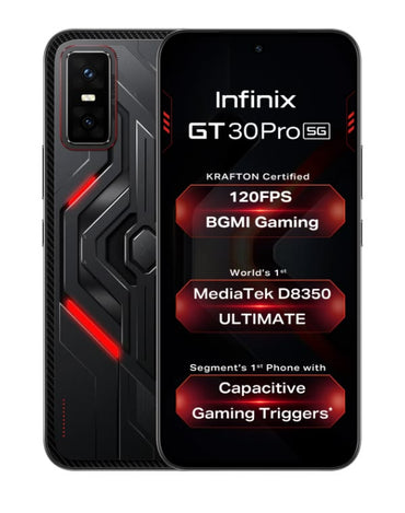 Infinix GT 30 Pro in Dark Flare with specification text on the screen