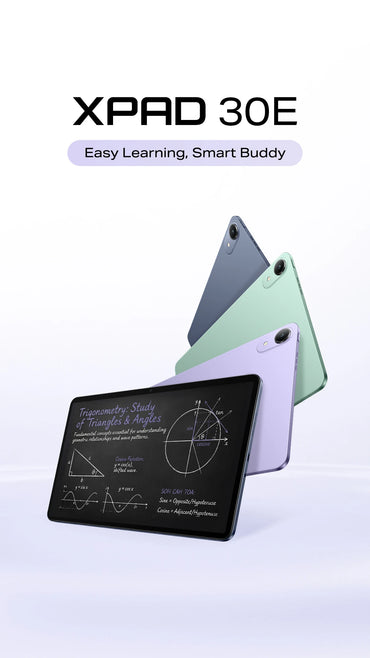 Infinix XPad 30E 11-inch tablet stacked in Dreamy Purple, Forest Green, and Deep Blue