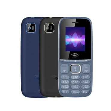 itel 2173 feature phone showcasing the front view with display on and the back view with camera and battery visible in different colors