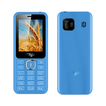Blue itel 5027 mobile phone featuring a 2.4-inch display, dual SIM slots, and a 1200mAh battery, in bluecolor.