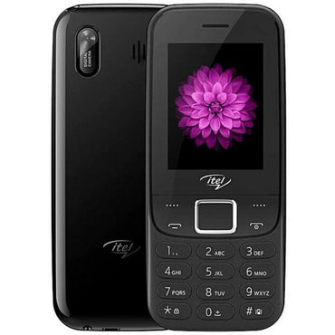 A dark blue itel 5081 feature phone with a 2.4-inch display showing the front keypad and camera, and the back side with the battery cover open.