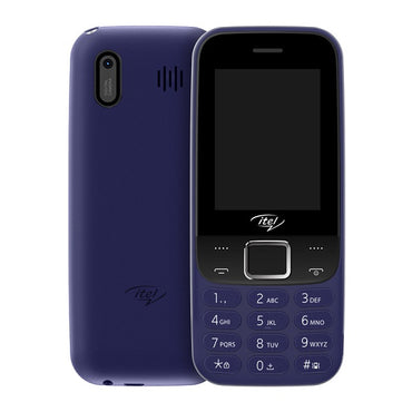 A dark blue itel 5081 feature phone with a 2.4-inch display showing the front keypad and camera, and the back side with the battery cover open.