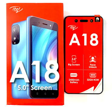 Packaging box of itel A18 smartphone displaying the image of the phone and its features such as 5.0" screen, face unlock, big screen, and 32GB ROM.