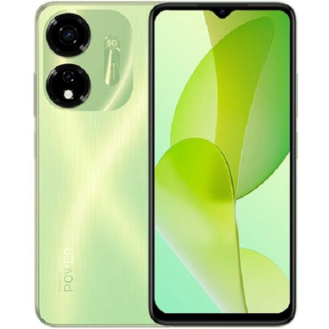 A green itel P55 5G smartphone featuring a dual camera system on the back and a display with a notch.