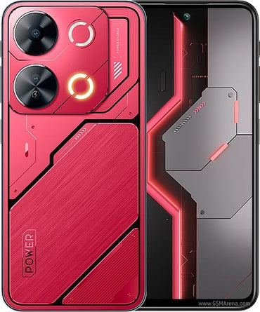 Red itel P65 large display with dual camera displayed on the back