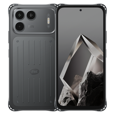 itel P80 in Rock Black, official front and back on a white background