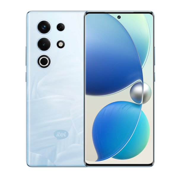 itel S25 Ultra in komodo ocean, back and front with a blue wallpaper
