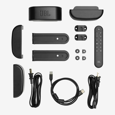 JBL product components including a remote control, cables, and mounting hardware.