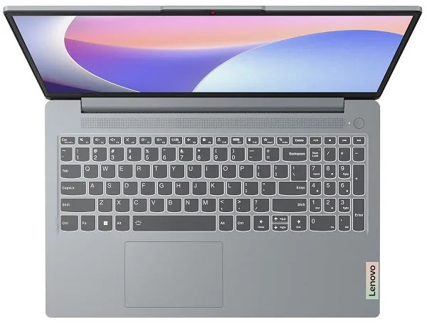 Lenovo IdeaPad Slim 3 laptop with a silver aluminum chassis, open to show the keyboard, screen, and trackpad.