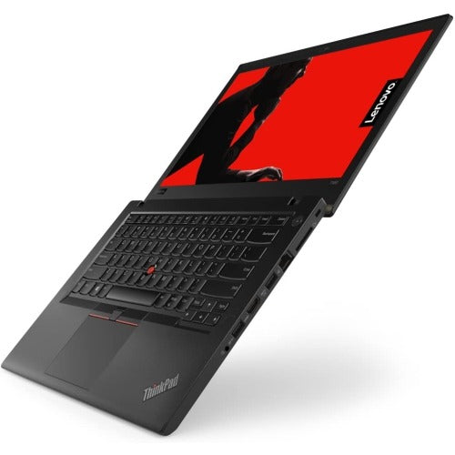 Lenovo ThinkPad T480S laptop with a black keyboard and a red display screen, partially opened on a flat surface.
