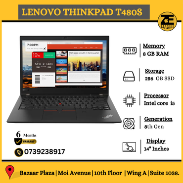 Lenovo ThinkPad T480s laptop with a black keyboard and a 14-inch display, specifications visible on the screen including memory, storage, processor, and display details.