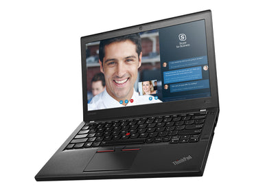 Lenovo Thinkpad X260 laptop with a black keyboard and a display showing a video call interface.