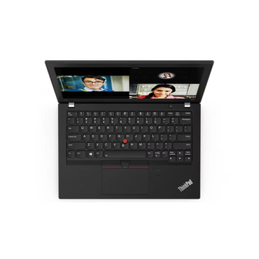 Lenovo ThinkPad X280 laptop with the screen displaying an image of two people, the device is opened and placed on a flat surface, showcasing the keyboard and screen.