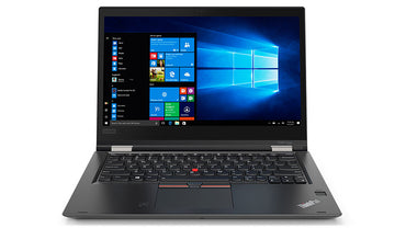 Lenovo X380 Yoga laptop with a black keyboard and a touchscreen display showing Windows desktop.