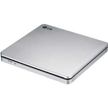 Slim portable LG DVD-RW drive on a desk - silver